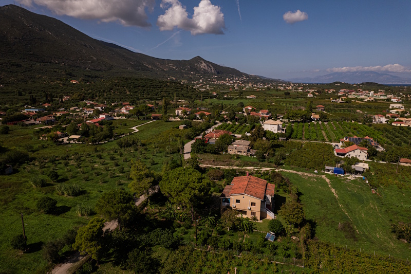 Aerial view of Selini Villa in Kalithea and the surrounding countryside