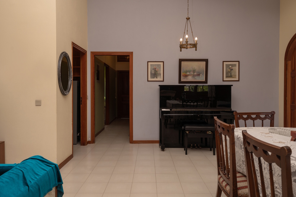 Living and dining area with piano at Selini Villa in Kalithea